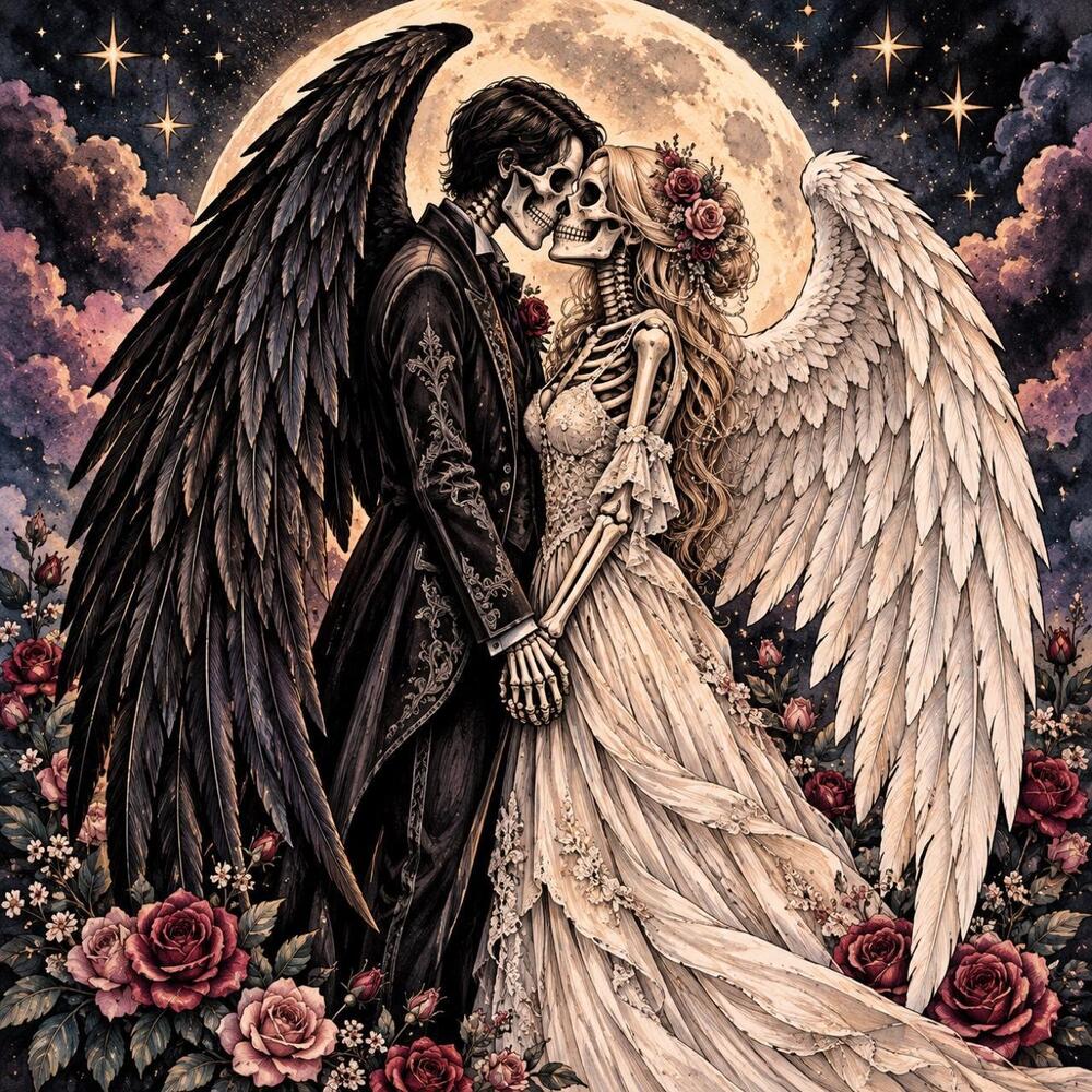 8x8 Framed Angel Skeleton Couple Art Print